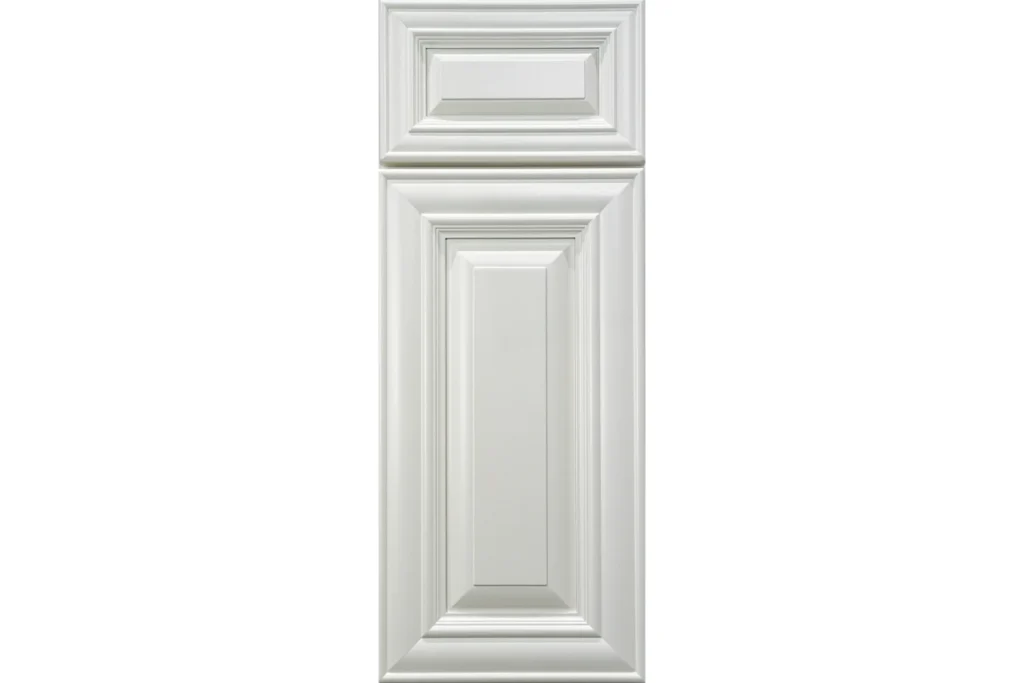 A white cabinet door with a panel design.