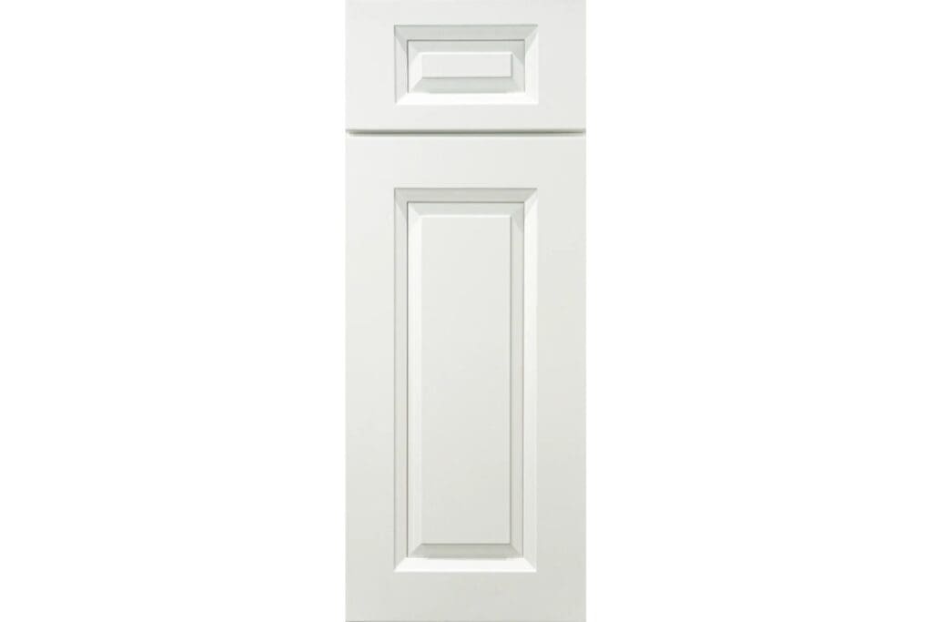 A white cabinet door with a window on the top.