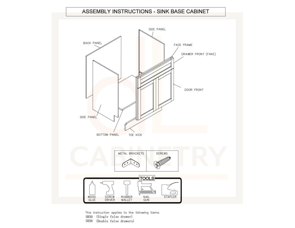 A drawing of the assembly instructions for a sink base cabinet.